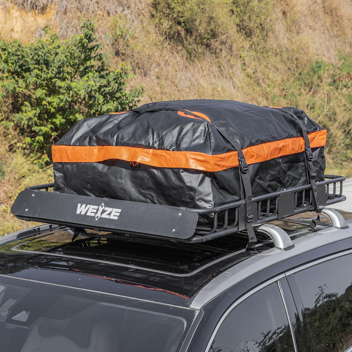 WEIZE Heavy Duty 64"x 39" Roof Rack, Rooftop Cargo Carrier Basket with Waterproof Bag, Tie Down Strap & Net, Car Top Luggage Holder for SUV, 150lb Capacity, Steel Construction - Image 7